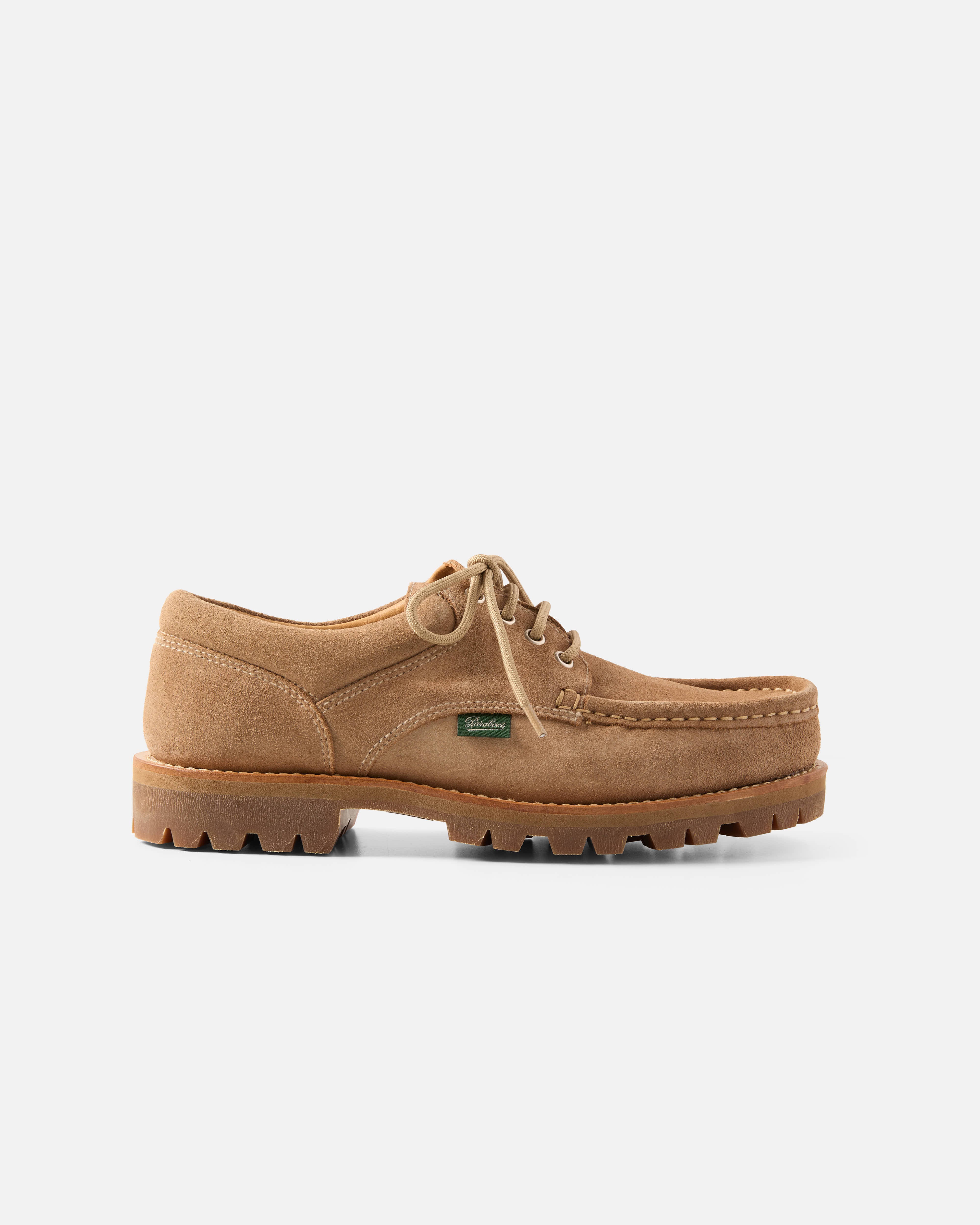 Side view of brown Paraboot Thiers suede derby shoe