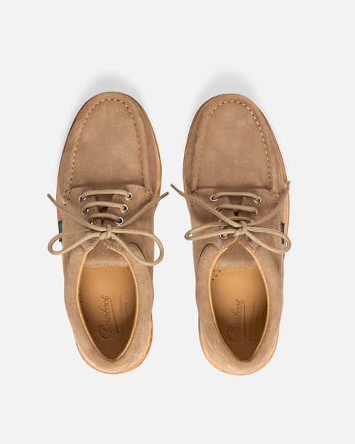 Top view of brown Paraboot Thiers suede derby shoe showing lacing and piped seam