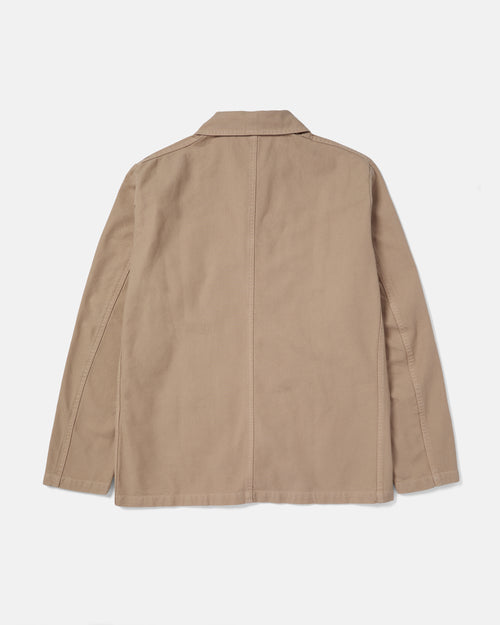 Back view of chalk Vetra cotton twill chore jacket