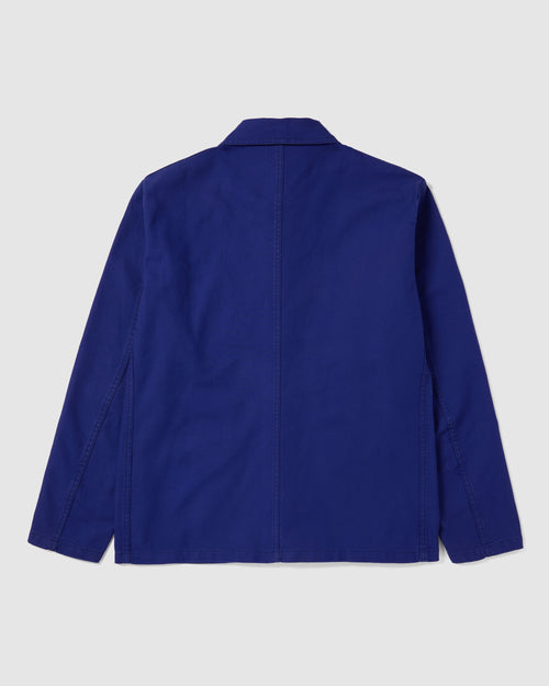 Back view of hydrone blue Vetra cotton twill chore jacket