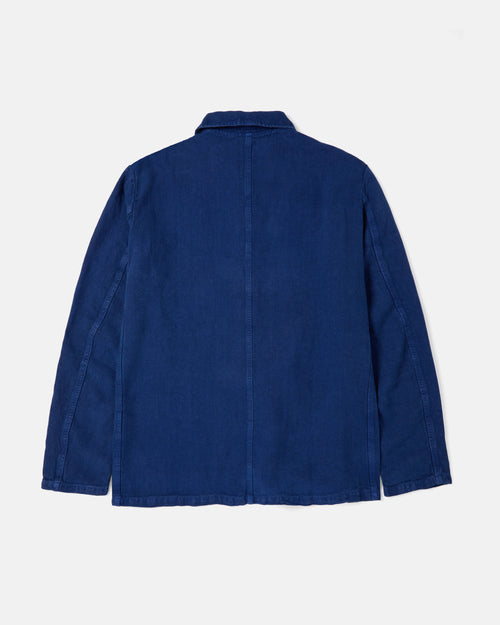 Back view of blue Vetra heavy linen chore jacket