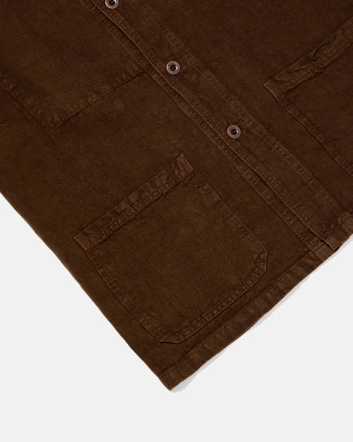Close-up of patch pocket detail on datte Vetra heavy linen chore jacket