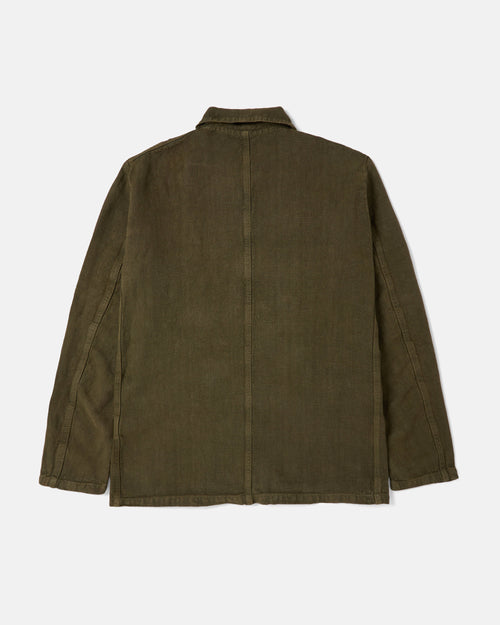 Back view of olive Vetra heavy linen chore jacket