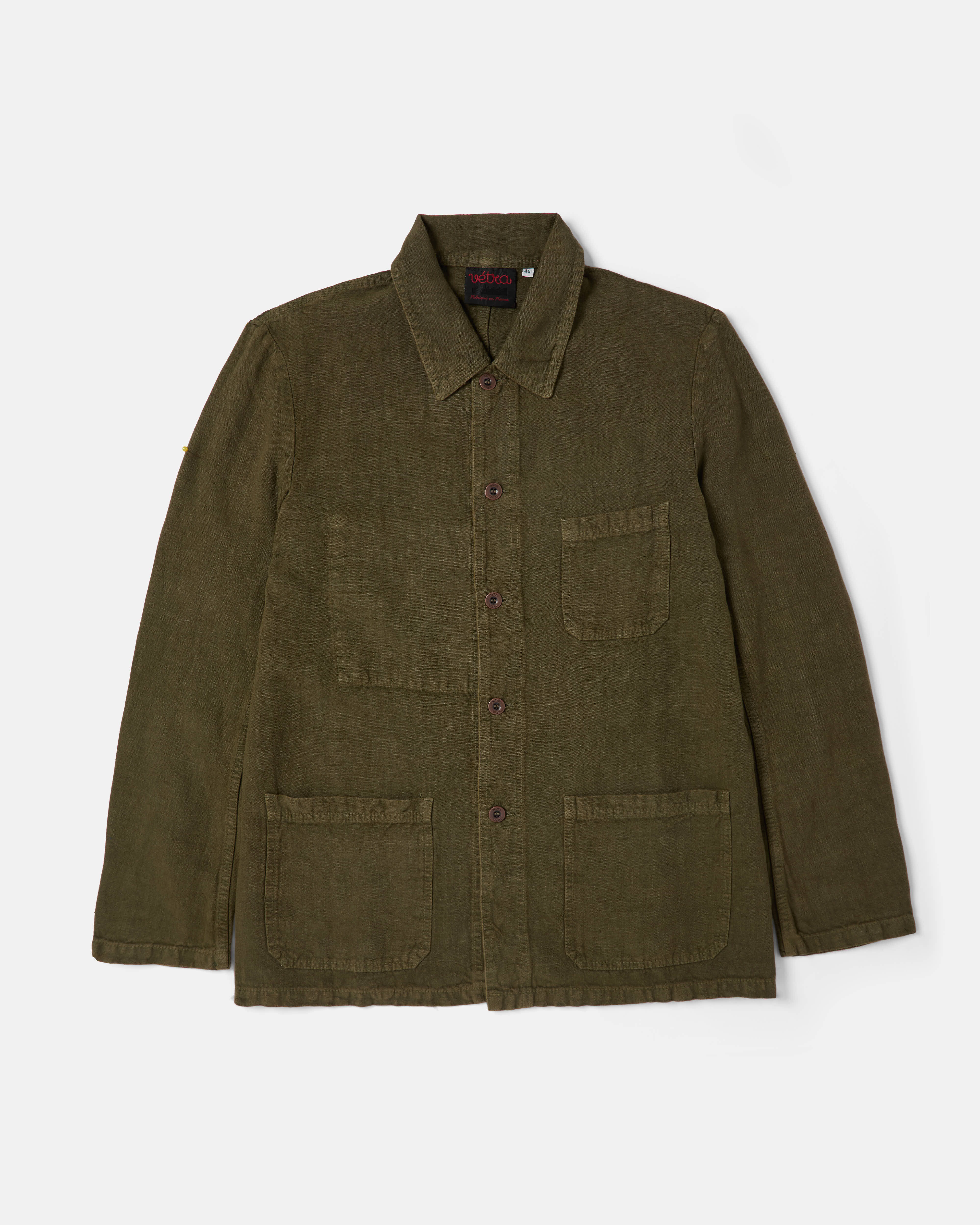 Olive Vetra heavy linen chore jacket front view