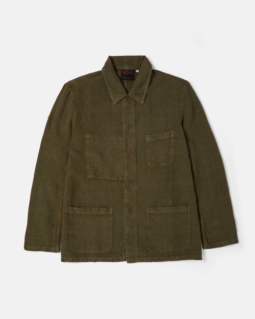 Olive Vetra heavy linen chore jacket front view