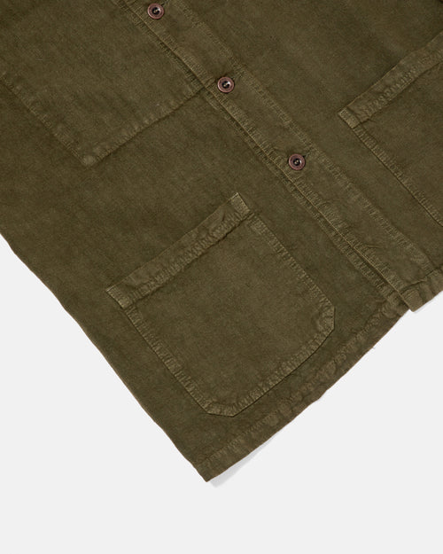 Close-up of patch pocket detail on olive Vetra heavy linen chore jacket