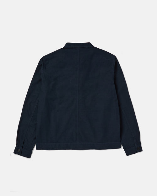 Back view of navy Vetra ripstop cotton bomber jacket