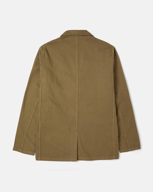 Back view of olive Vetra workwear herringbone blazer