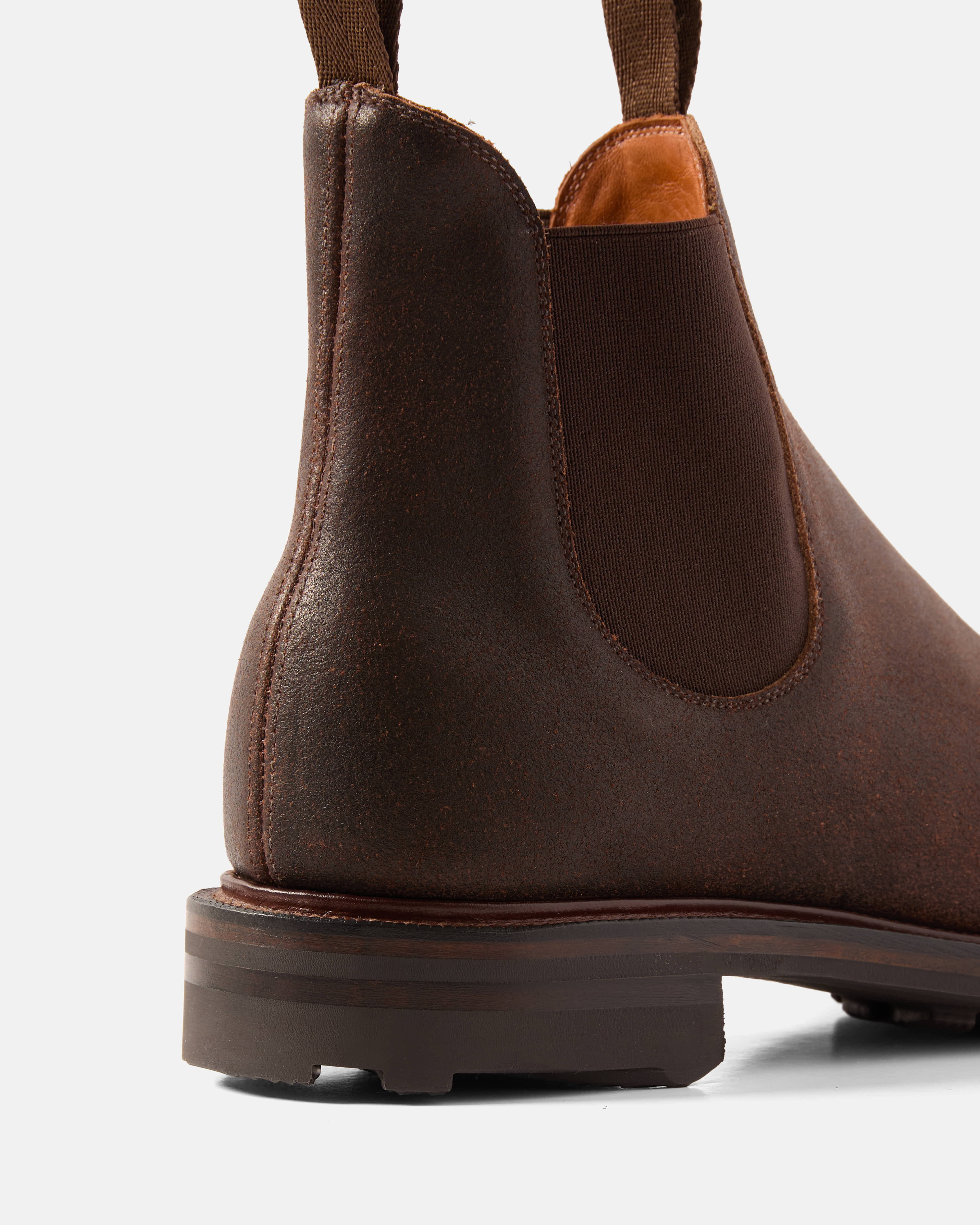 Back view of brown Viberg Chelsea leather boot