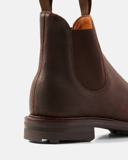 Back view of brown Viberg Chelsea leather boot