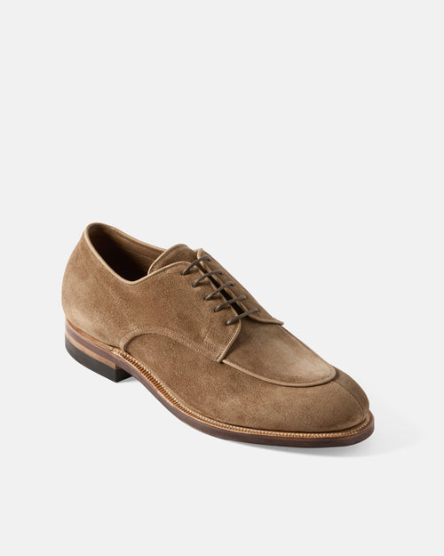 Angled view of the Viberg Janus Calf Suede Savoy Derby Shoe in Bison, handcrafted in Canada with premium Janus calf suede and Goodyear welt construction.