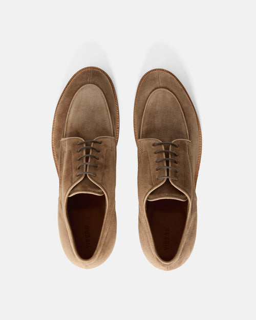 Pair of Viberg Janus Calf Suede Savoy Derby Shoes in Bison, handcrafted in Canada from premium Janus calf suede.