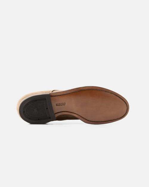Leather sole of the Viberg Janus Calf Suede Savoy Derby Shoe in Bison, handcrafted in Canada with Goodyear welt construction.