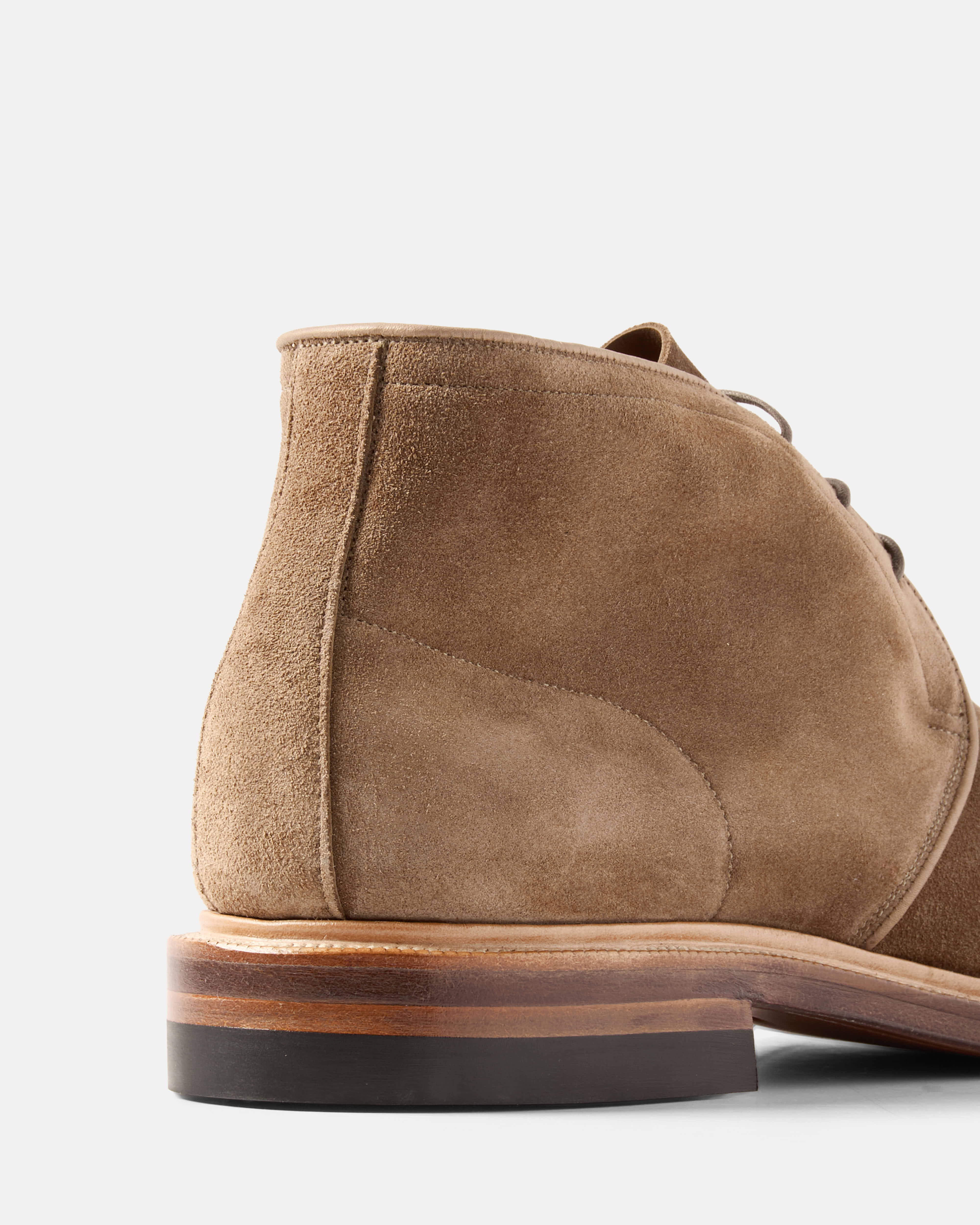 Rear view of the Viberg Janus Calf Suede Uplands Chukka Boot in Bison, highlighting the clean heel construction and premium craftsmanship.