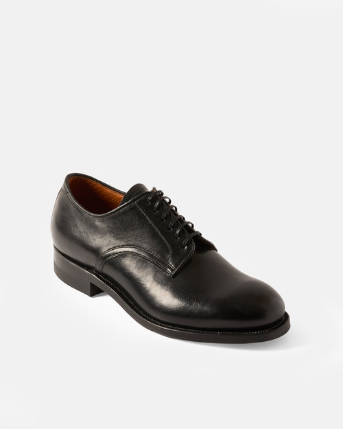 Angled view of the Viberg Kangaroo Leather Navvy Cut Shoe in Black, handcrafted in Canada from lightweight kangaroo leather on the Cantilever last.