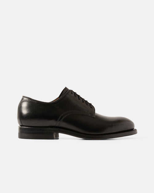 Front view of the Viberg Kangaroo Leather Navvy Cut Shoe in Black, showcasing the sleek derby silhouette and premium kangaroo leather.