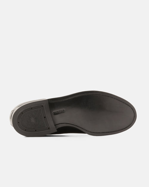 Leather sole of the Viberg Kangaroo Leather Navvy Cut Shoe in Black, handcrafted in Canada with Goodyear welt construction and a channeled insole.