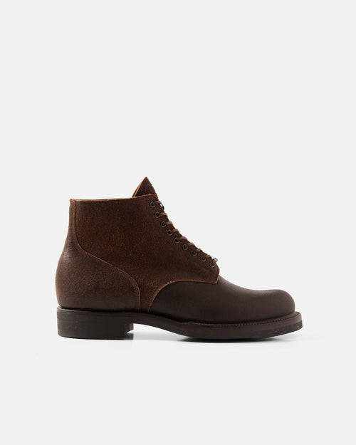 Side view of brown Viberg N1 roughout leather boot